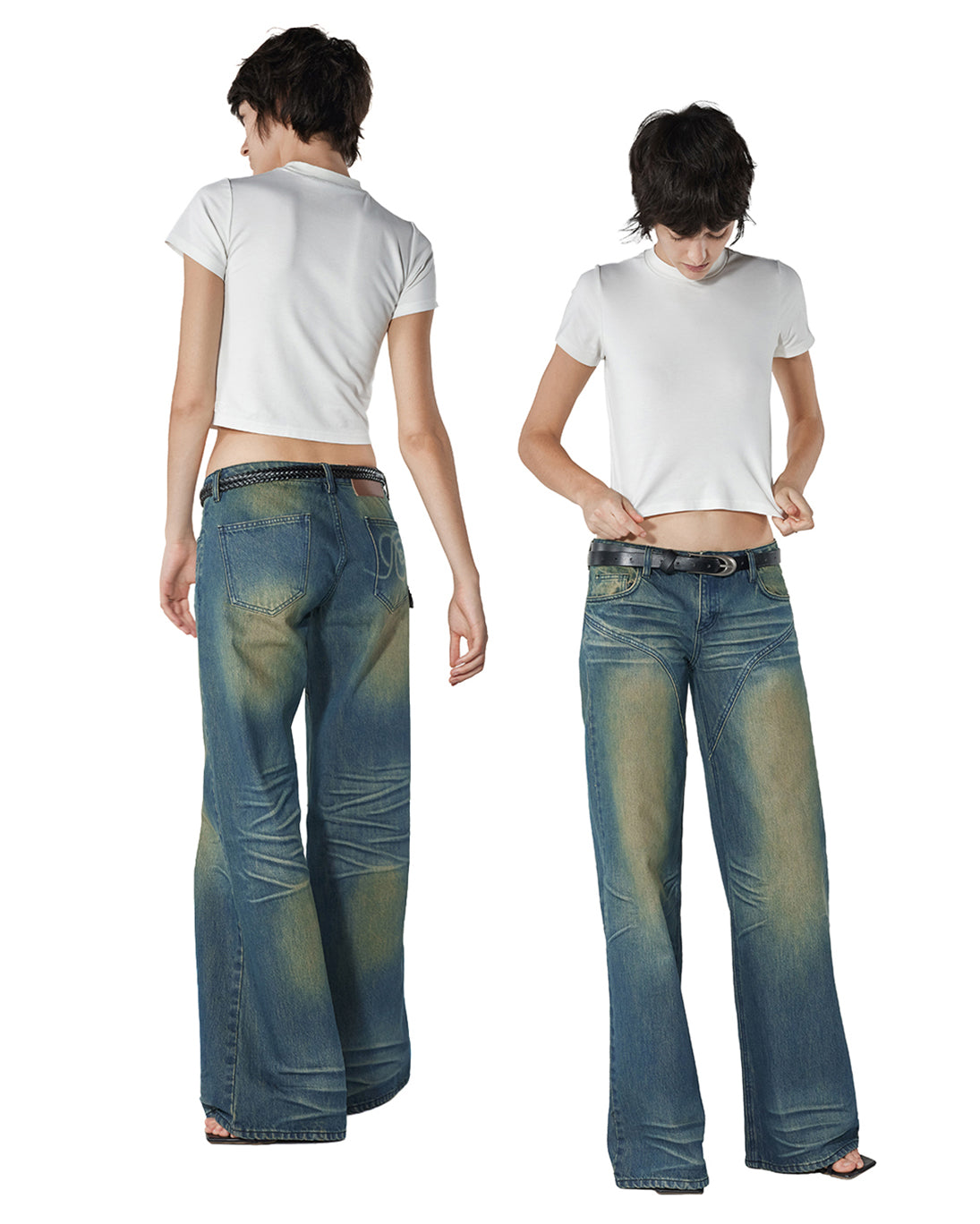 Wide-leg Dirty Wash Jeans